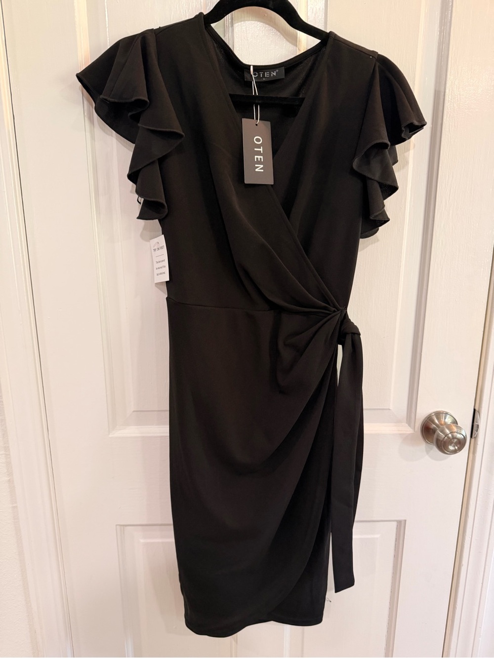 SHEIN Black Ruffle-Sleeve Wrap Midi Dress